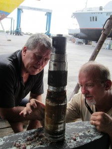 Wally and John inspecting the port fin shaft