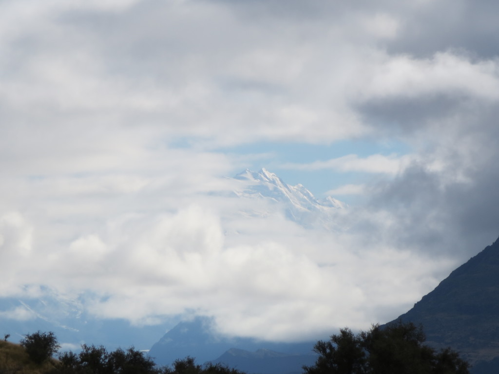 Our first glimpse of Mt Cook through the clouds