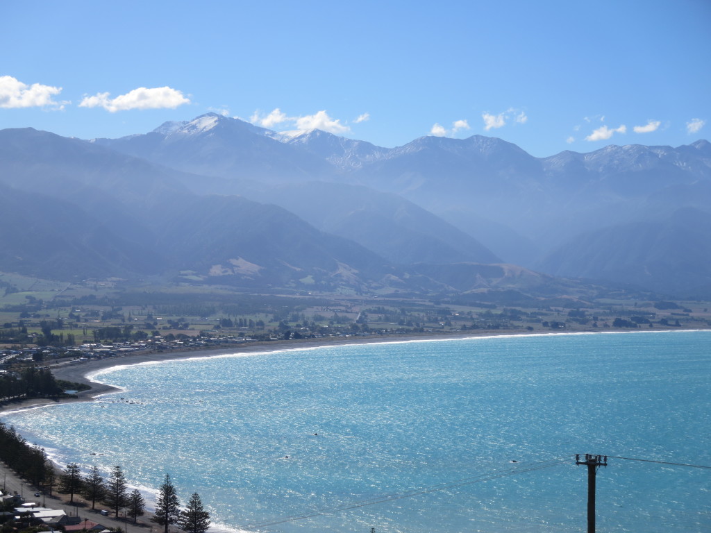 Kaikoura and surrounding mountains viewed from a lookout