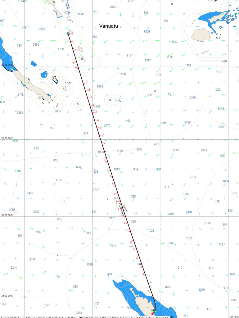 Here is a map plot of the table for your voyage showing expected weather. Red arrows along path show winds forecast along the way-one barb is 10 knots and half is 5. 