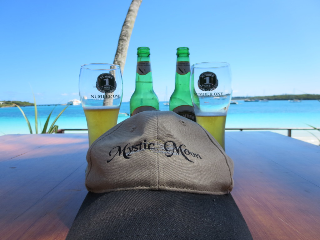 Sitting at a bar in Kuto Bay, Ile des Pine, New Caledonia. And, a good beer too!!