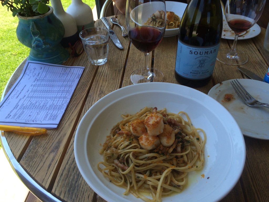 Linguine with scallops, prosciutto and EVO with the 2012 Pinot Noir.....excellent!!