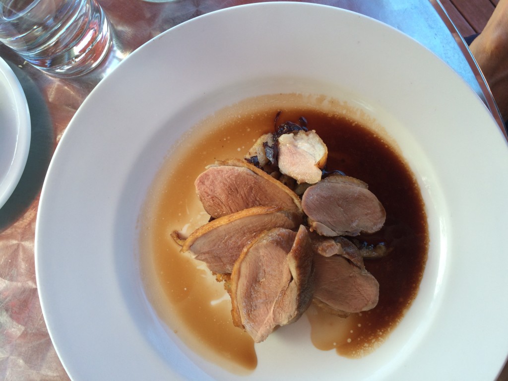 Kathy: duck breast; herbed spaetzle; braised red cabbage; jus......scored down on the presentation....no color:))) 
