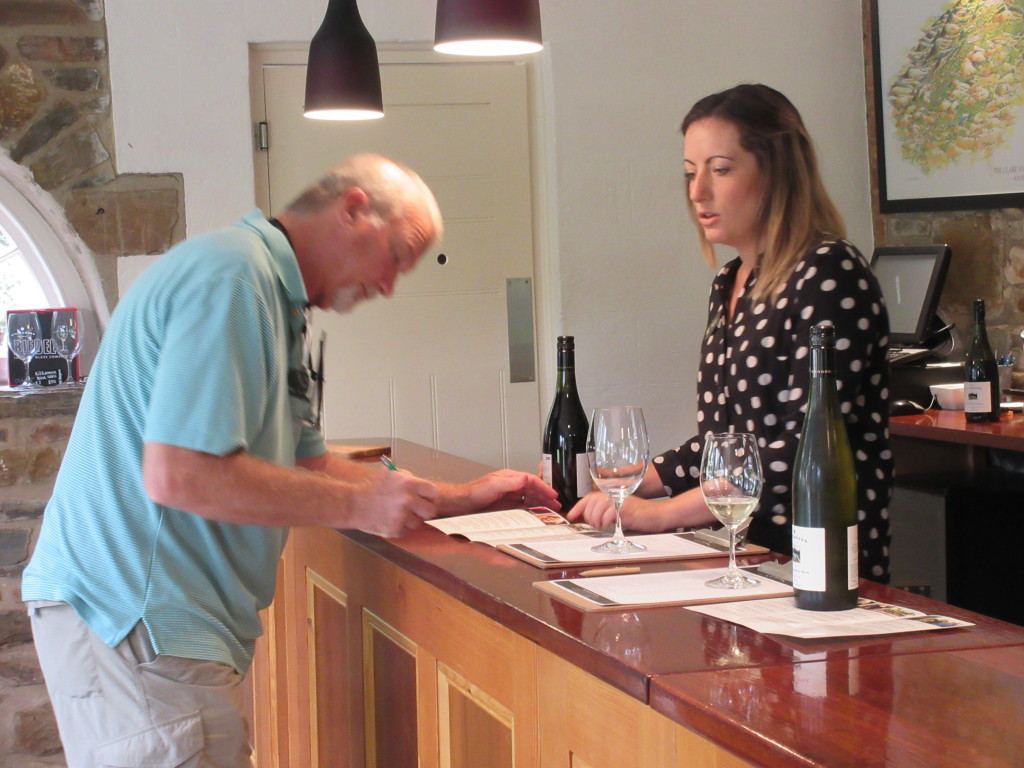 John taking notes from Tegan at  Kilikanoon Winery in Clare Valley....a wow winery, one of my favorites in all of Australia!!!
